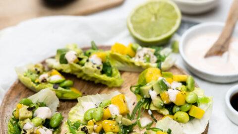 slaschuitjes met avocado mango en wakame